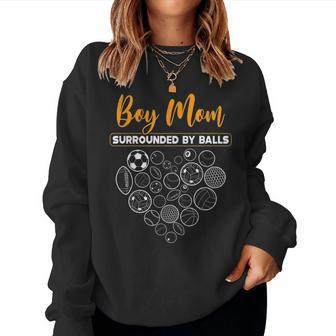 Boy Mom Surrounded By Balls Sports Kind Football Baseketball Women Crewneck Graphic Sweatshirt - Seseable