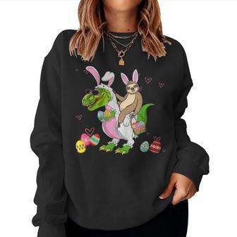 Bunny Sloth Riding Dinosaur T Rex Easter Day Women Crewneck Graphic Sweatshirt - Seseable
