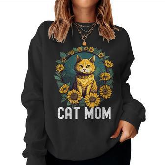 Cat Mom Floral Sunflower Kitten Cat Mothers Day Women Crewneck Graphic Sweatshirt - Thegiftio UK