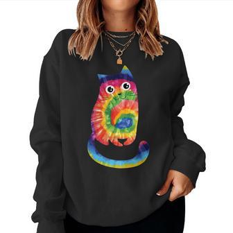 Cat Ocean Tie Dye Women Men Hippie Rainbow 70S Hippy Funny Women Crewneck Graphic Sweatshirt - Seseable