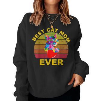 Colorful Retro Vintage Best Cat Mom Ever Mothers Day Women Crewneck Graphic Sweatshirt - Seseable