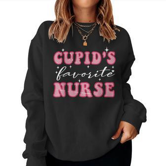 Cupids Favorite Nurse Groovy Retro Valentines Day Nurse Women Crewneck Graphic Sweatshirt - Seseable