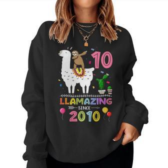Cute 10Th Birthday Gift Sloth And Llama Llamazing Since 2010 Women Crewneck Graphic Sweatshirt - Seseable