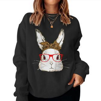Cute Bunny Mom Leopard Bandana Sunglasses Easter Day Women Sweatshirt | Mazezy
