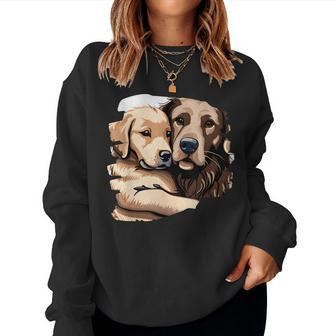 Cute Golden Retriever Dog Mom Hugging A Puppy Women Crewneck Graphic Sweatshirt - Thegiftio UK