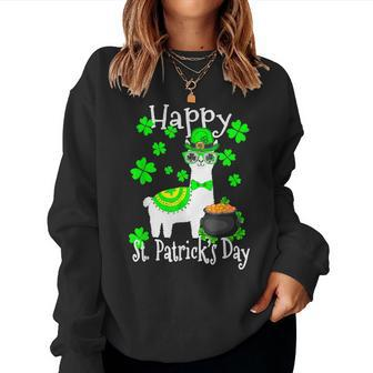 Cute Llama Happy St Patricks Day Pot Of Gold Irish Llama Women Crewneck Graphic Sweatshirt - Seseable
