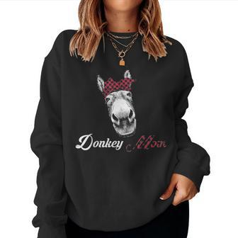 Donkey Mom Lovers Farm Animal Gifts Buffalo Plaid Red Gift Women Crewneck Graphic Sweatshirt - Seseable