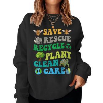 Earth Day Save Bees Rescue Animals Recycle Plastics Groovy Women Sweatshirt | Mazezy