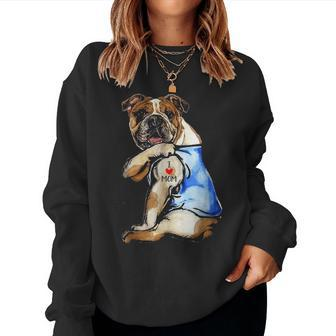 English Bulldog Dog Tattoo I Love Mom V2 Women Crewneck Graphic Sweatshirt - Seseable