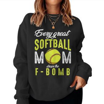 Every Great Softball Mom Drops The F Bomb Funny Baseball Women Crewneck Graphic Sweatshirt - Seseable