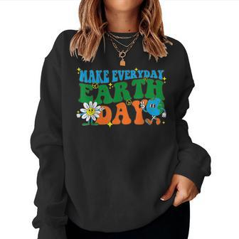 Make Everyday Earth Day Hippie Earth Flower Retro Groovy Women Sweatshirt | Mazezy