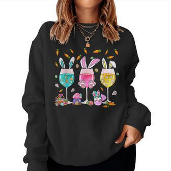 Floral Wine Glasses Easter Bunny Rabbit Alcohol Egg Women Women Crewneck Graphic Sweatshirt - Seseable