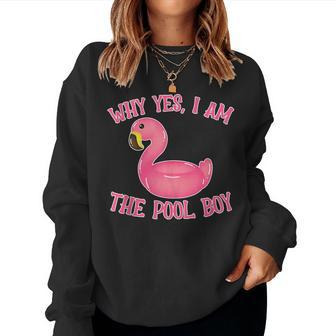 Funny Bird Why Yes Am The Pools Boy Flamingo Swimming Women Crewneck Graphic Sweatshirt - Seseable