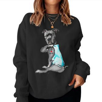 Funny Dog Pitbull I Love Mom Tattoo Gift V2 Women Crewneck Graphic Sweatshirt - Seseable