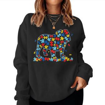 Funny English Bulldog Autism Awareness Dog Dad Mom Gift Women Crewneck Graphic Sweatshirt - Seseable