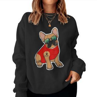Funny French Bulldog I Love Mom Tattoos Cool Dog Costume Women Crewneck Graphic Sweatshirt - Seseable