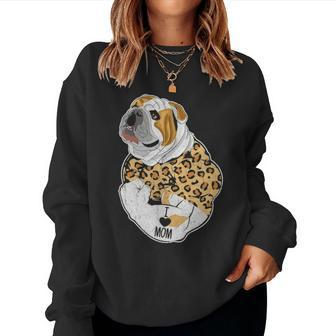 Funny Leopard English Bulldog Mom Costume Mothers Day Gift Women Crewneck Graphic Sweatshirt - Seseable