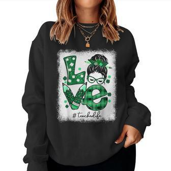 Funny Love Messy Bun Teacher Life St Patricks Day Shamrock V3 Women Crewneck Graphic Sweatshirt - Seseable