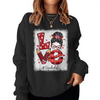 Funny Love Messy Bun Teacher Life Valentines Day Matching V2 Women Crewneck Graphic Sweatshirt - Seseable