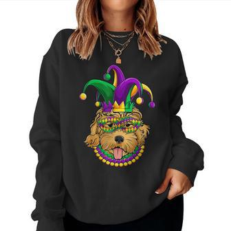 Funny Mardi Gras Dog Apparel Golden Doodle Dog Mom Dad V2 Women Crewneck Graphic Sweatshirt - Seseable