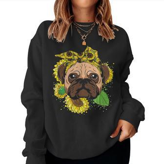 Funny Pug Dog Mom Sunflower Head Bandana Womens Girls Gift Women Crewneck Graphic Sweatshirt - Seseable