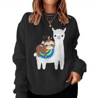 Funny Sloth Riding Llama Dad Mom Boy Girl Party Gift Women Crewneck Graphic Sweatshirt - Seseable