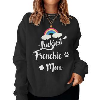 Funny St Paddys Luckiest Frenchie French Bulldog Mom Gift Women Crewneck Graphic Sweatshirt - Seseable