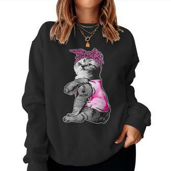 Funny Strong Cat I Love Mom Tattoo Cat Lover Mothers Day Women Crewneck Graphic Sweatshirt - Seseable