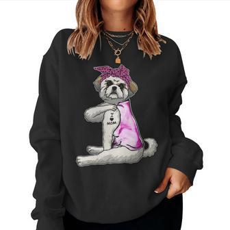 Funny Strong Shih Tzu Dog I Love Mom Tattoo Shih Tzu Mom Women Crewneck Graphic Sweatshirt - Seseable