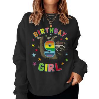Girl 9Th Birthday Sloth 9 Year Old B Day Party Kids Gift Women Crewneck Graphic Sweatshirt - Seseable