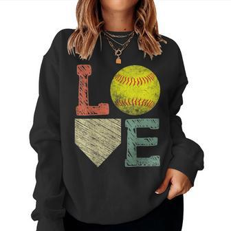 Girls Love Softball Mom Women Distressed Ball Women Crewneck Graphic Sweatshirt - Seseable