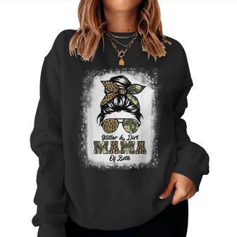 Glitter And Dirt Mom Of Both Leopard Camo Messy Bun Women Crewneck Graphic Sweatshirt - Seseable