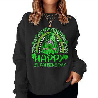 Gnome Holding Lucky Shamrock Rainbow Leopard St Patricks Day V2 Women Crewneck Graphic Sweatshirt - Seseable
