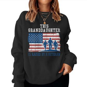 Granddaughter Raised By A Veteran Us Flag Proud Veterans Day Women Crewneck Graphic Sweatshirt - Seseable