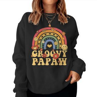 Groovy Rainbow Papaw Papa Smiling Face Dad Fathers Day Retro Women Crewneck Graphic Sweatshirt - Thegiftio UK