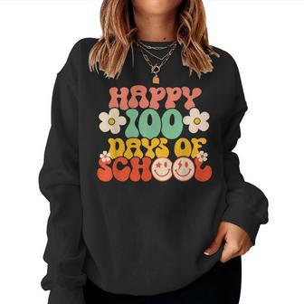 Happy 100Th Day Of School Teacher Kids Retro Groovy 100 Days V3 Women Crewneck Graphic Sweatshirt - Thegiftio UK