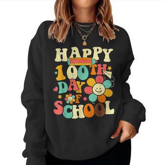 Happy 100Th Day Of School Teacher Kids Retro Groovy 100 Days V4 Women Crewneck Graphic Sweatshirt - Thegiftio UK