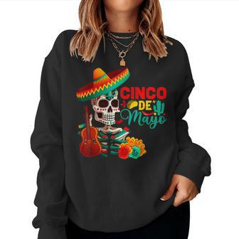 Happy Cinco De Mayo Sugar Skull Skeleton Guitar Floral Women Crewneck Graphic Sweatshirt - Thegiftio UK