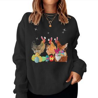 Happy Easter Three Chicken Wearing Bunny Ear Chicken Lover Women Crewneck Graphic Sweatshirt - Seseable