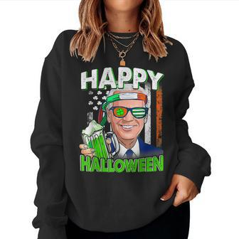 Happy Halloween Leprechaun Biden Drinking Beer St Patricks Women Crewneck Graphic Sweatshirt - Seseable