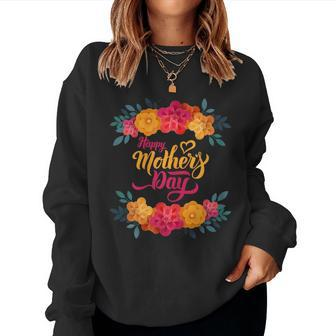 Happy Mothers Day Lettering Illustration With Red Flowers Gift For Womens Women Crewneck Graphic Sweatshirt - Thegiftio UK