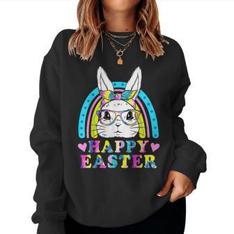 Happy Rainbow Easter Day Cute Bunny Face Tie Dye Glasses Women Crewneck Graphic Sweatshirt - Seseable