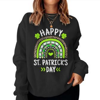 Happy St Patricks Day Leopard Print Rainbow Shamrock Irish V3 Women Crewneck Graphic Sweatshirt - Seseable