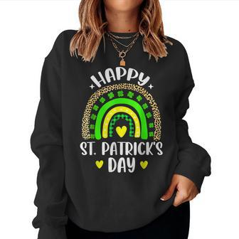 Happy St Patricks Day Leopard Print Rainbow Shamrock Irish V4 Women Crewneck Graphic Sweatshirt - Seseable