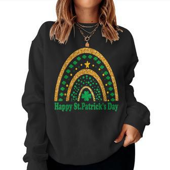 Happy St Patricks Day Rainbow Leopard Print Shamrock Irish Women Crewneck Graphic Sweatshirt - Seseable