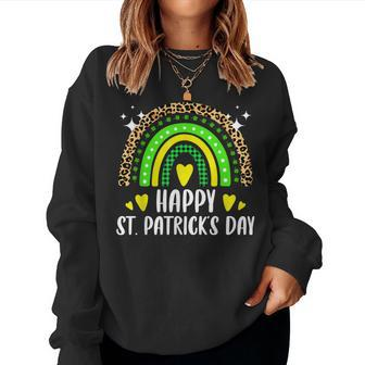 Happy St Patricks Day Rainbow Leopard Print Shamrock Irish Women Crewneck Graphic Sweatshirt - Thegiftio