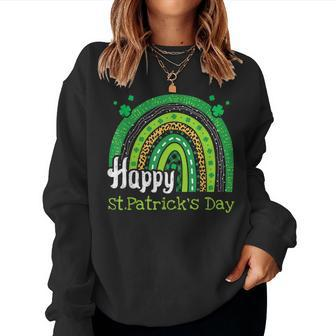 Happy St Patricks Day Rainbow Lucky Leopard Shamrock Irish V2 Women Crewneck Graphic Sweatshirt - Seseable