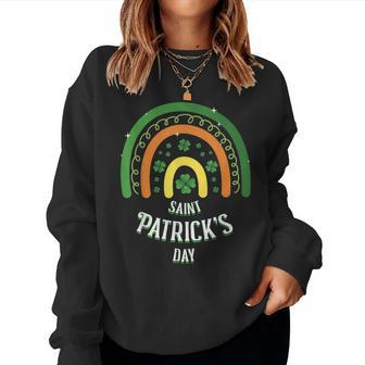 Happy St Patricks Day Rainbow Lucky Leopard Shamrock Irish Women Crewneck Graphic Sweatshirt - Seseable