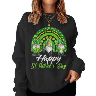 Happy St Patricks Day Three Gnomes Shamrock Rainbow Women Crewneck Graphic Sweatshirt | Seseable UK