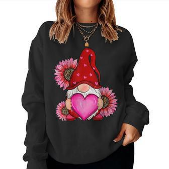 Happy Valentines Day Gnome With Leopard Sunflower Valentine Women Crewneck Graphic Sweatshirt - Seseable
